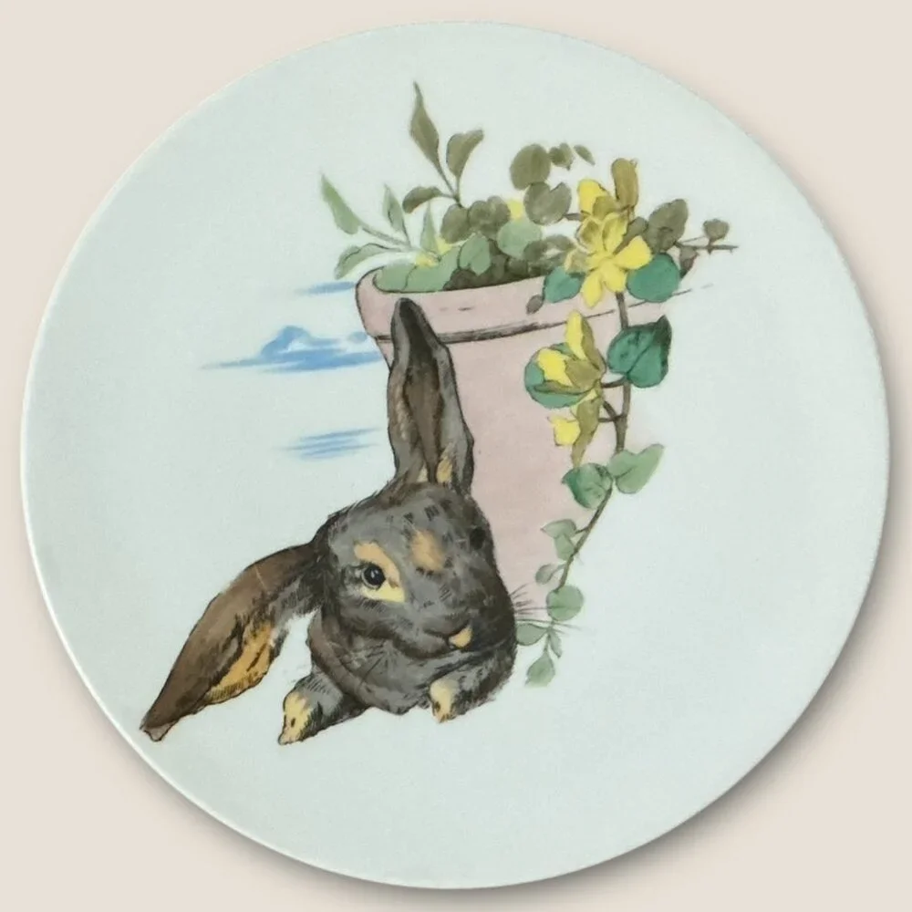 Spring Vintage Rabbit Plate Set Of 4 with Mushroom, Basket and Flower Pot - Picture 4 of 6